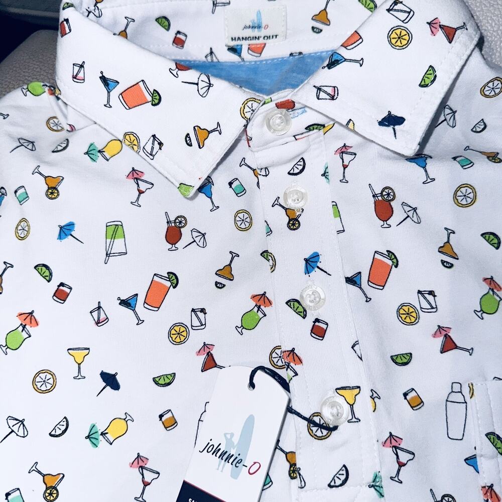 Johnnie - O Hangin' Out Mai Tai Drinks Printed Polo Shirt Mens MED White $98 NWT